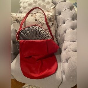 Red Leather Slouchy Shoulder Bag Purse w/Flap Closure Brass Hardware Vintage